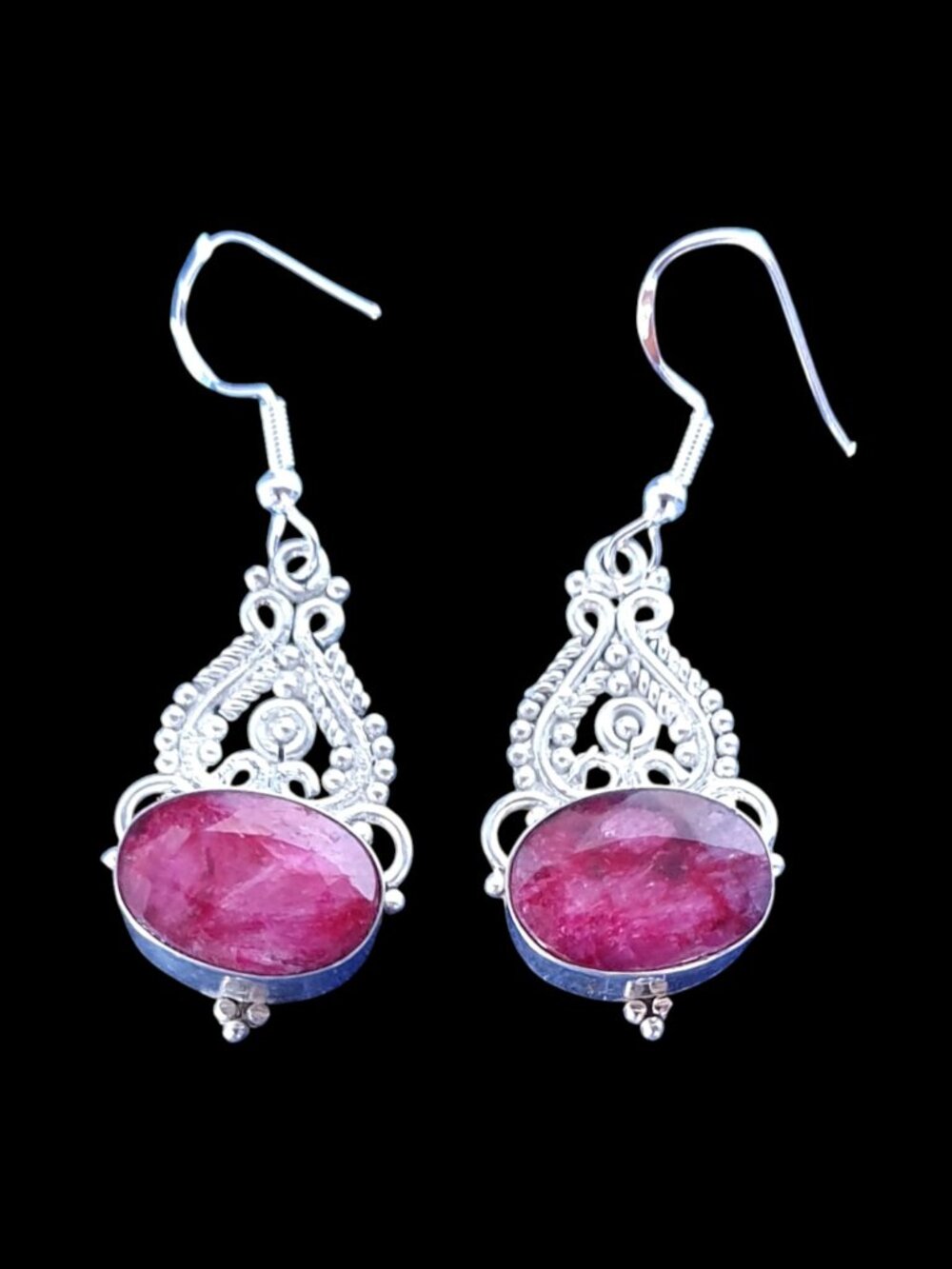 Vintage Balinese Handcrafted Natural Ruby Filigree Silver Earrings
